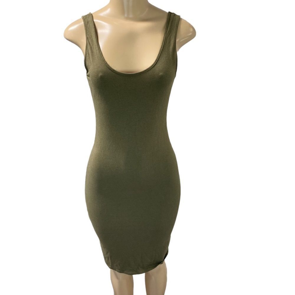 Sleeveless Olive green Bodycon scoop neck tank midi Dress medium